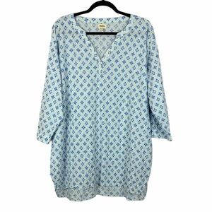Hatley Beachy Geometric Long Sleeve V Neck Cotton Tunic Top XL Blue Coastal